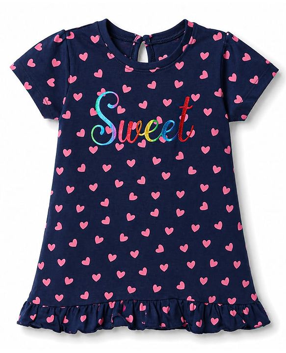 Babyhug 100% Cotton Knit Half Sleeves Hearts & Text Printed Nighty - Navy Blue