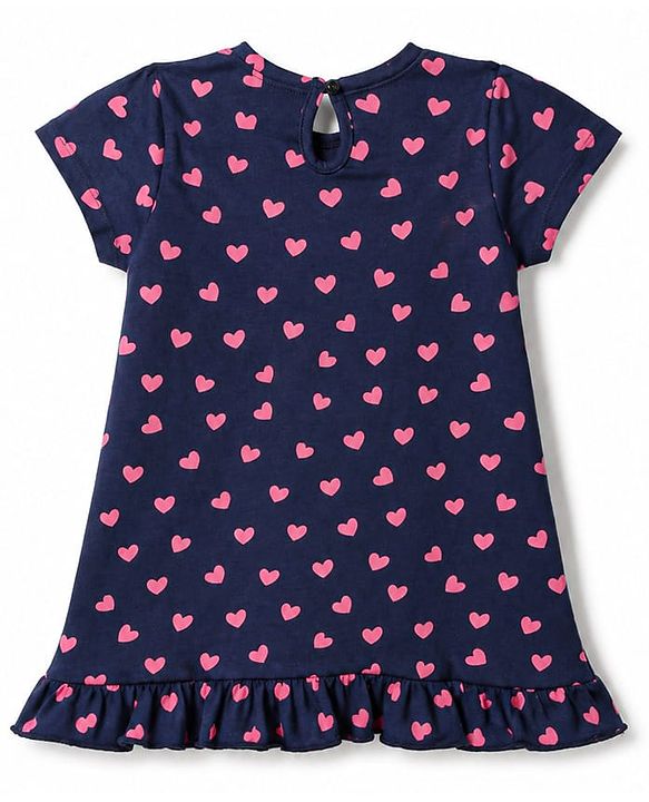 Babyhug 100% Cotton Knit Half Sleeves Hearts & Text Printed Nighty - Navy Blue