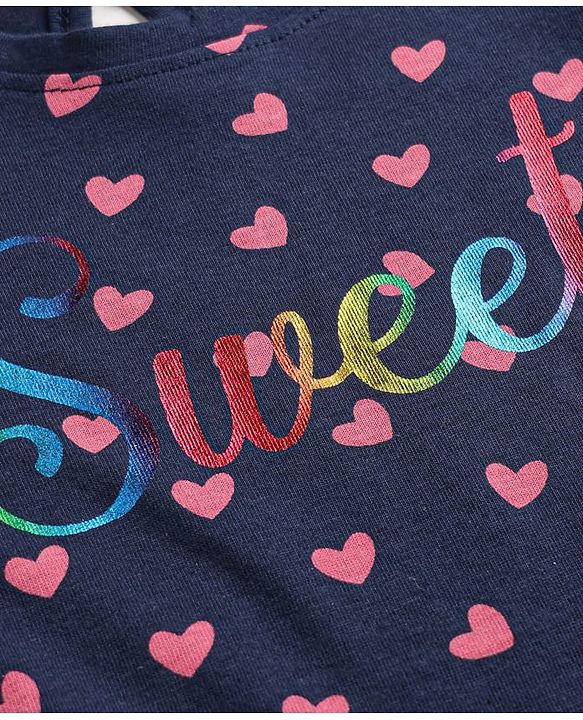 Babyhug 100% Cotton Knit Half Sleeves Hearts & Text Printed Nighty - Navy Blue