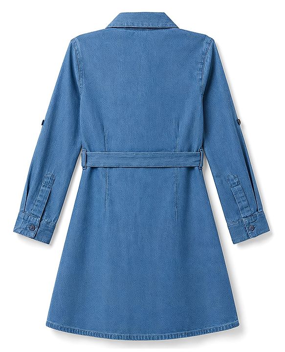 Pine Kids 100% Cotton Woven Full Sleeves Shirt Dress With Belt - Blue