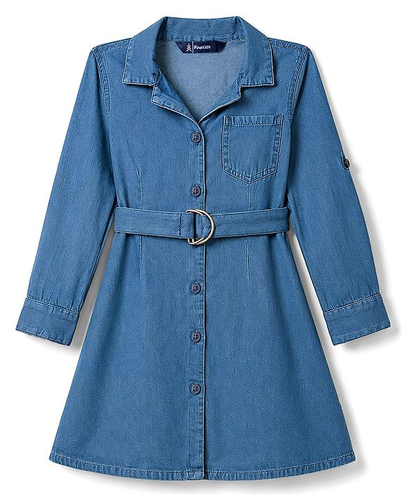 Pine Kids 100% Cotton Woven Full Sleeves Shirt Dress With Belt - Blue