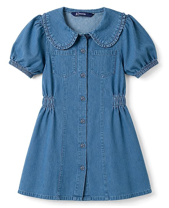 Pine Kids 100% Cotton WOven Half Puffed Sleeves Solid Shirt Dress - Blue