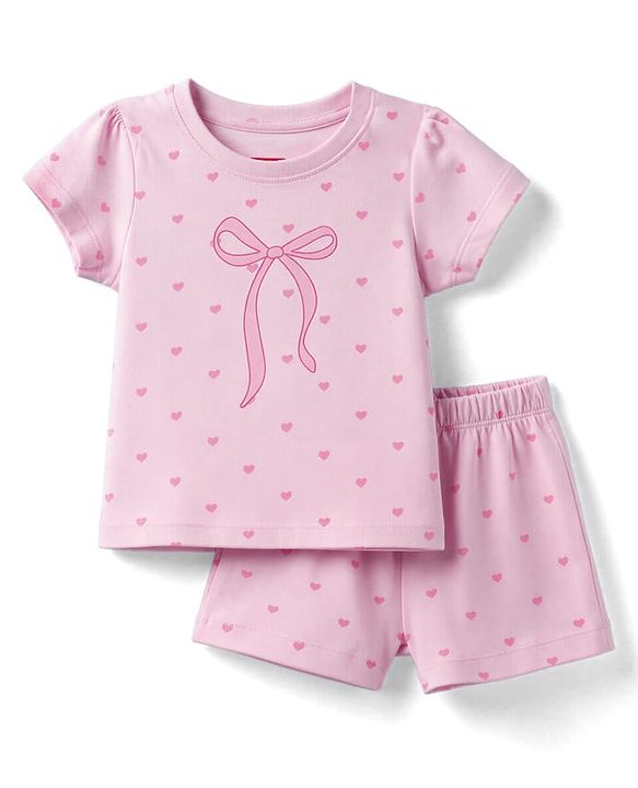 Babyhug 100% Cotton Knit Half Sleeves T-Shirt & Shorts Night Suit With Bow & Heart Print - Light Pink
