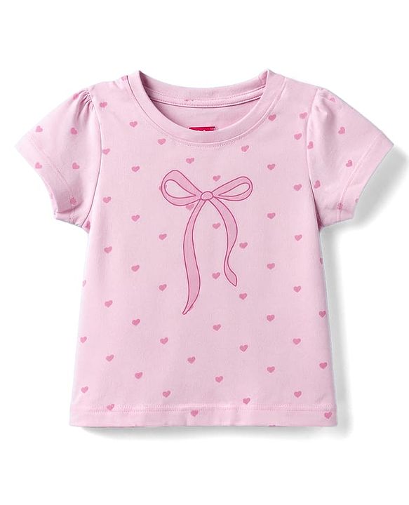 Babyhug 100% Cotton Knit Half Sleeves T-Shirt & Shorts Night Suit With Bow & Heart Print - Light Pink