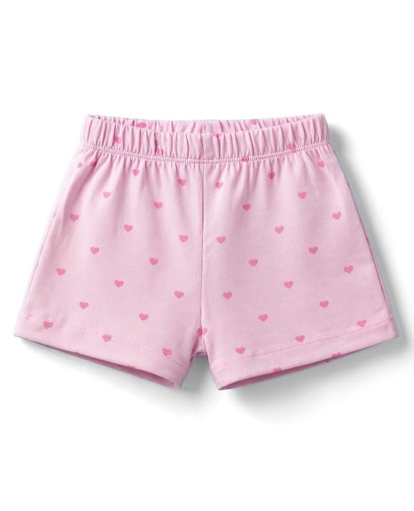 Babyhug 100% Cotton Knit Half Sleeves T-Shirt & Shorts Night Suit With Bow & Heart Print - Light Pink