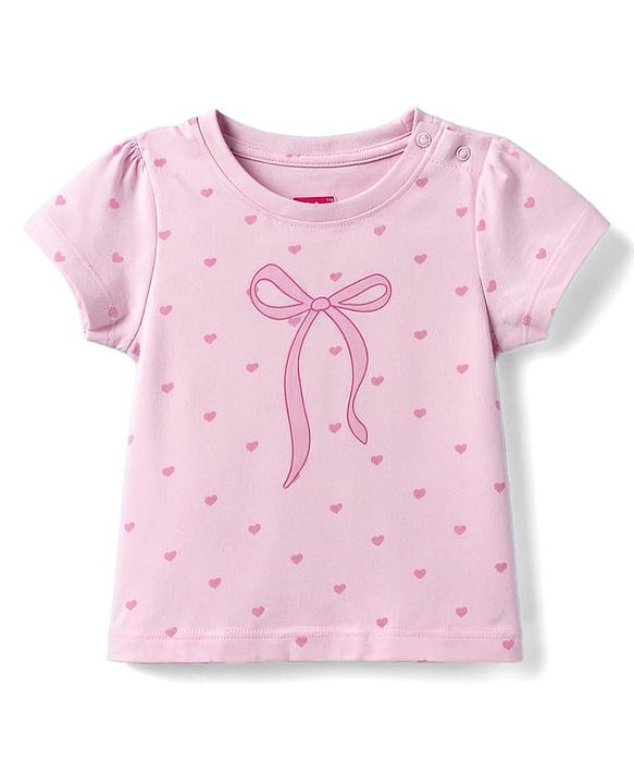 Babyhug 100% Cotton Knit Half Sleeves T-Shirt & Shorts Night Suit With Bow & Heart Print - Light Pink