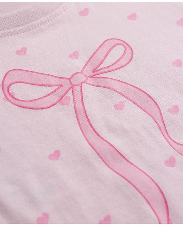 Babyhug 100% Cotton Knit Half Sleeves T-Shirt & Shorts Night Suit With Bow & Heart Print - Light Pink