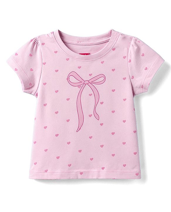 Babyhug 100% Cotton Knit Half Sleeves T-Shirt & Shorts Night Suit With Bow & Heart Print - Light Pink