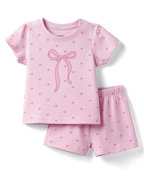 Babyhug 100% Cotton Knit Half Sleeves T-Shirt & Shorts Night Suit With Bow & Heart Print - Light Pink