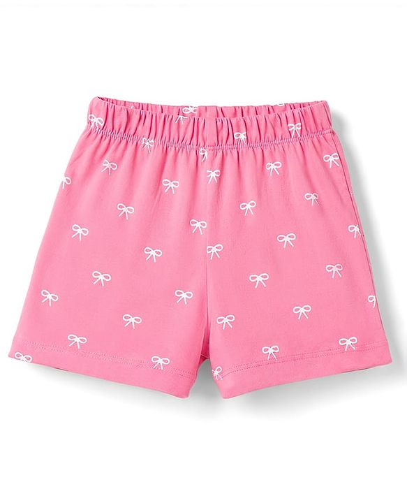 Babyhug Cotton Knit Sleeveless Bow Printed Co-Ords Top & Shorts Night Suit - Pink