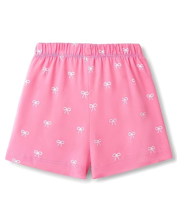 Babyhug Cotton Knit Sleeveless Bow Printed Co-Ords Top & Shorts Night Suit - Pink
