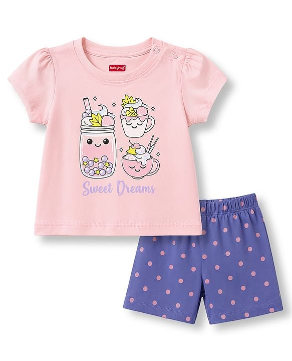 Babyhug Cotton Knit Half  Sleeves Polka Dots Printed T-Shirt & Shorts Night Suit - Light Pink