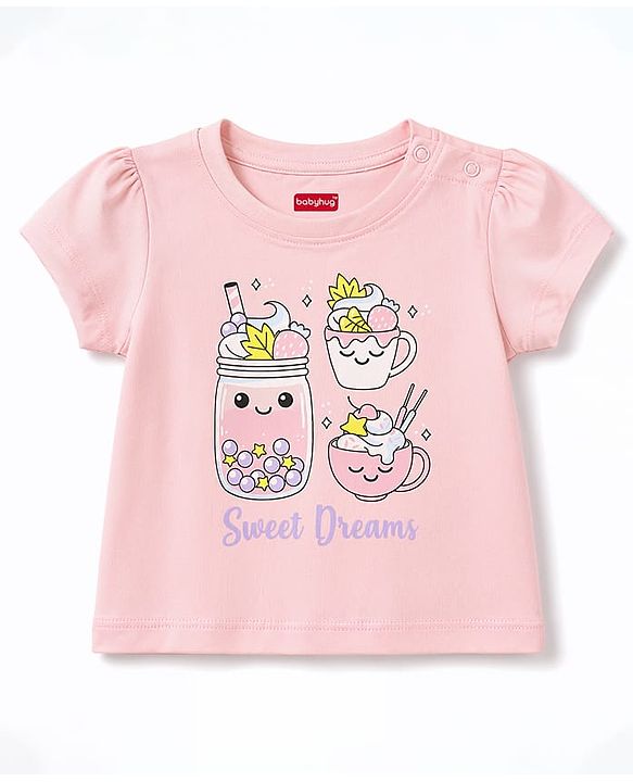 Babyhug Cotton Knit Half  Sleeves Polka Dots Printed T-Shirt & Shorts Night Suit - Light Pink