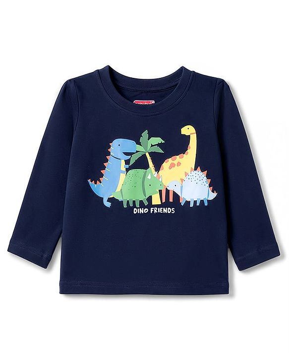 Babyhug Cotton Knit Full Sleeves Dino Printed & Striped Pyjama Night Suit - Navy Blue