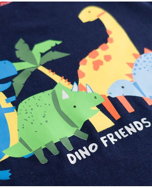 Babyhug Cotton Knit Full Sleeves Dino Printed & Striped Pyjama Night Suit - Navy Blue