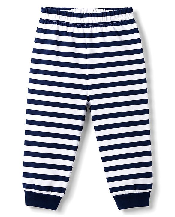 Babyhug Cotton Knit Full Sleeves Dino Printed & Striped Pyjama Night Suit - Navy Blue