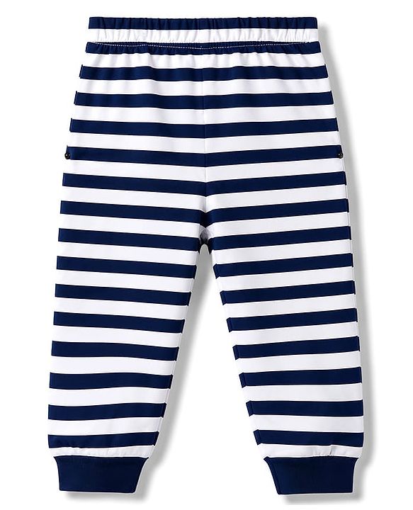 Babyhug Cotton Knit Full Sleeves Dino Printed & Striped Pyjama Night Suit - Navy Blue