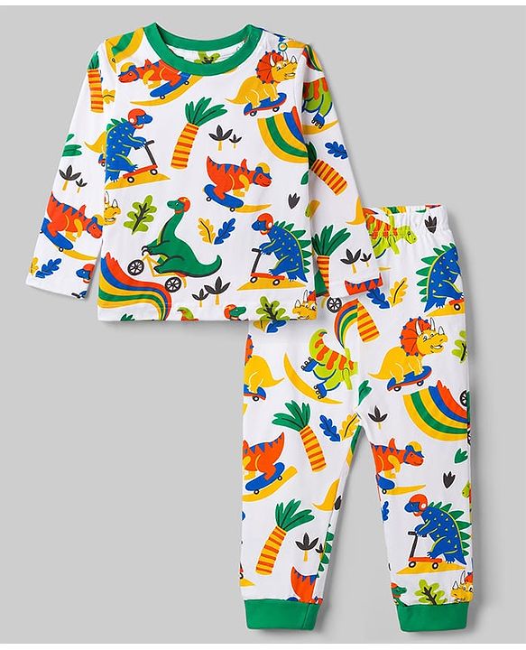 Babyhug 100% Cotton Knit Full Sleeves T-Shirt & Pyjama Co-Ord Night Suit With Dino Print - White