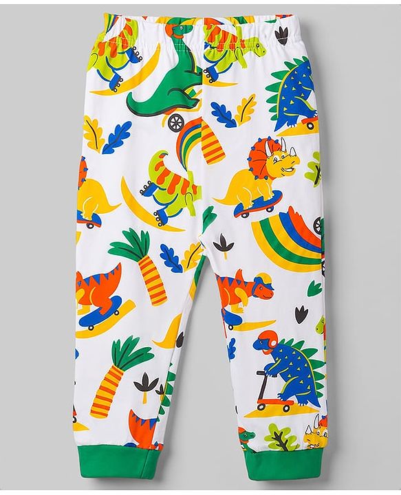 Babyhug 100% Cotton Knit Full Sleeves T-Shirt & Pyjama Co-Ord Night Suit With Dino Print - White