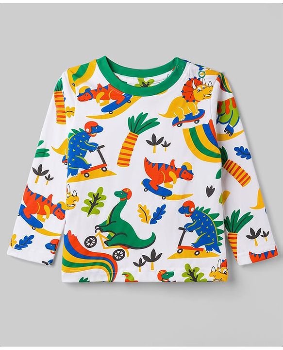 Babyhug 100% Cotton Knit Full Sleeves T-Shirt & Pyjama Co-Ord Night Suit With Dino Print - White