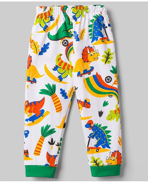 Babyhug 100% Cotton Knit Full Sleeves T-Shirt & Pyjama Co-Ord Night Suit With Dino Print - White