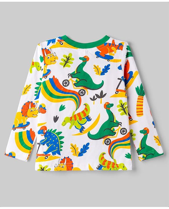 Babyhug 100% Cotton Knit Full Sleeves T-Shirt & Pyjama Co-Ord Night Suit With Dino Print - White