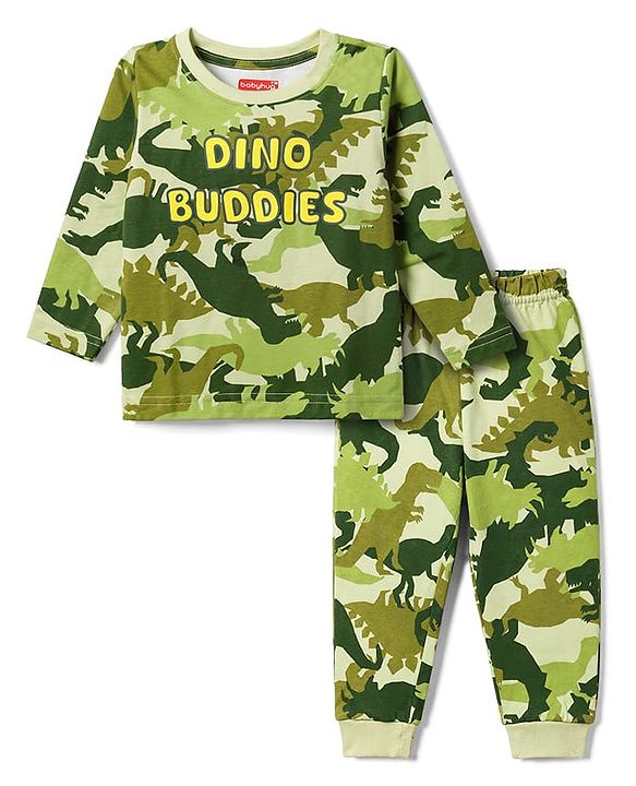 Babyhug 100% Cotton Knit Full Sleeves T-Shirt & Pyjama Co-Ord Night Suit With Dino Print - Green