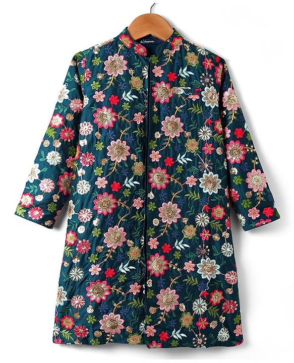 Pine Kids Woven Full Sleeves Floral Embroidered & Sequinned Kurta & Pyjama Set - Navy Blue