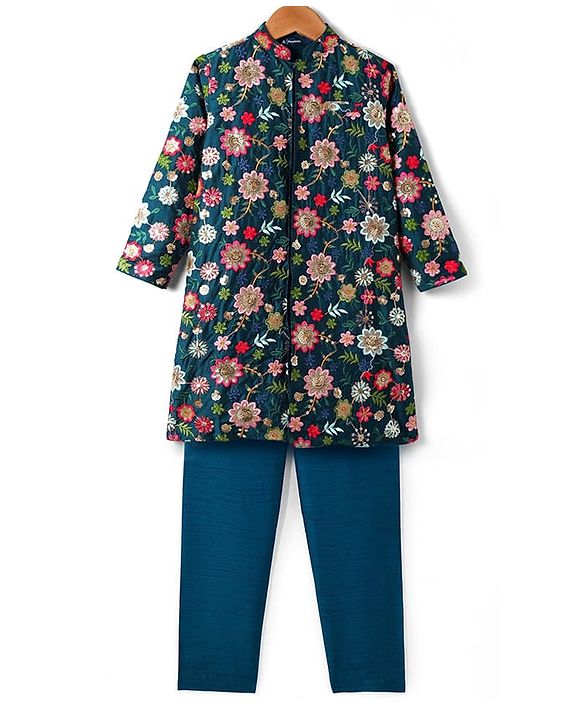 Pine Kids Woven Full Sleeves Floral Embroidered & Sequinned Kurta & Pyjama Set - Navy Blue