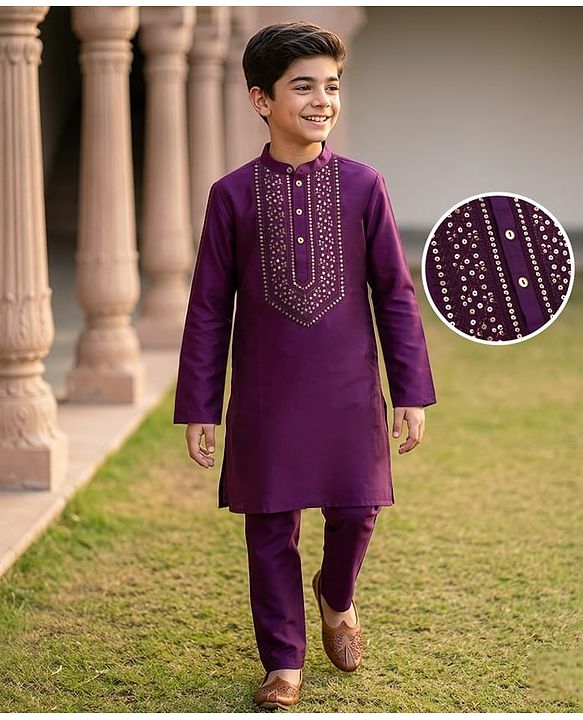 Pine Kids Woven Full Sleeves Floral Embroidered Kurta & Pyjama Set - Purple