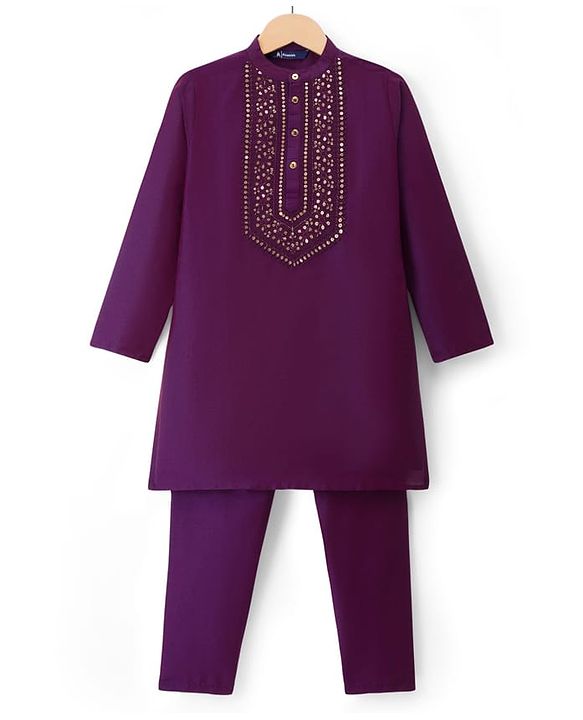 Pine Kids Woven Full Sleeves Floral Embroidered Kurta & Pyjama Set - Purple