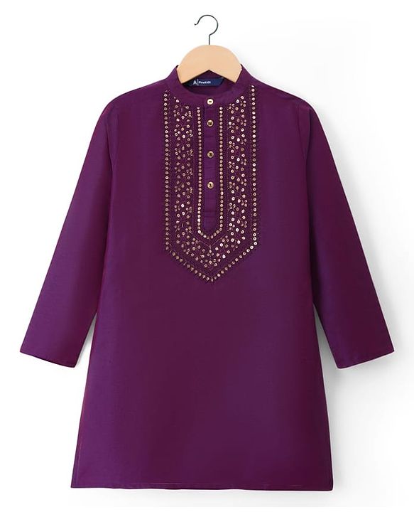 Pine Kids Woven Full Sleeves Floral Embroidered Kurta & Pyjama Set - Purple