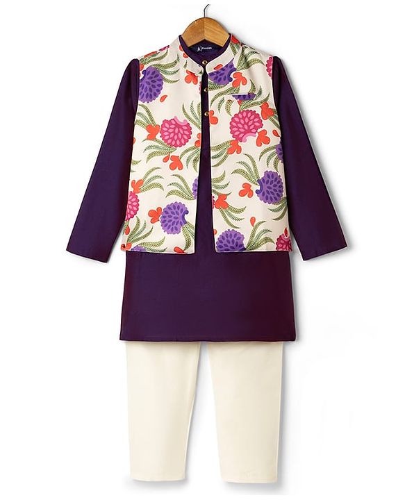 Pine Kids Woven Full Sleeves Floral Printed Kurta Pyjama Set With Jacket - Purple