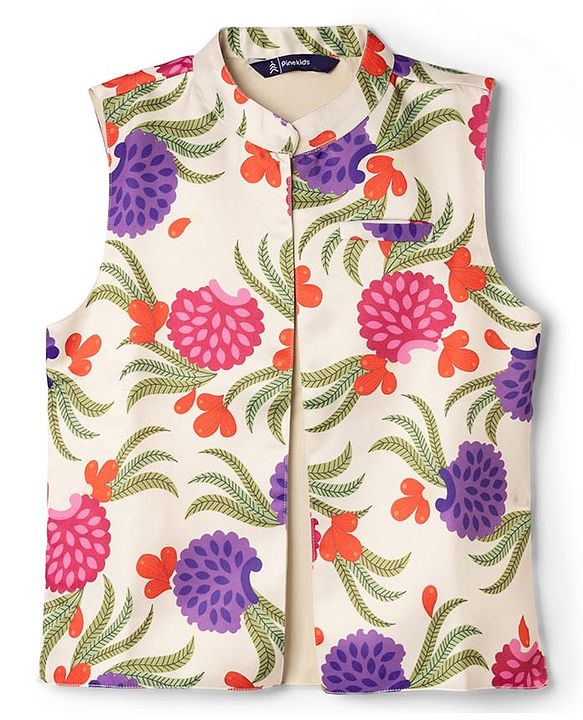 Pine Kids Woven Full Sleeves Floral Printed Kurta Pyjama Set With Jacket - Purple