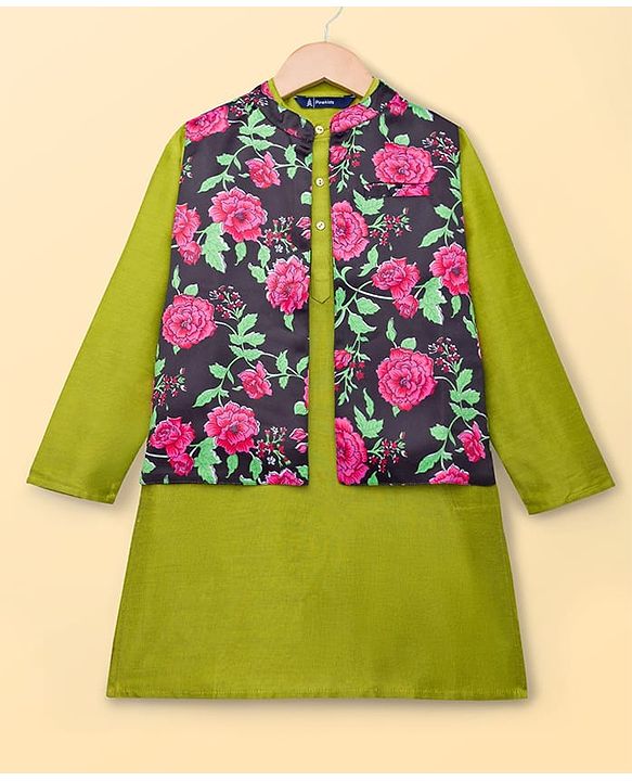Pine Kids Woven Full Sleeves Floral Printed Kurta & Pyjama Set With Nehru Jacket - Lime Green