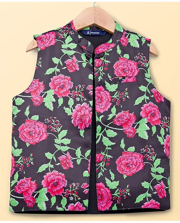 Pine Kids Woven Full Sleeves Floral Printed Kurta & Pyjama Set With Nehru Jacket - Lime Green
