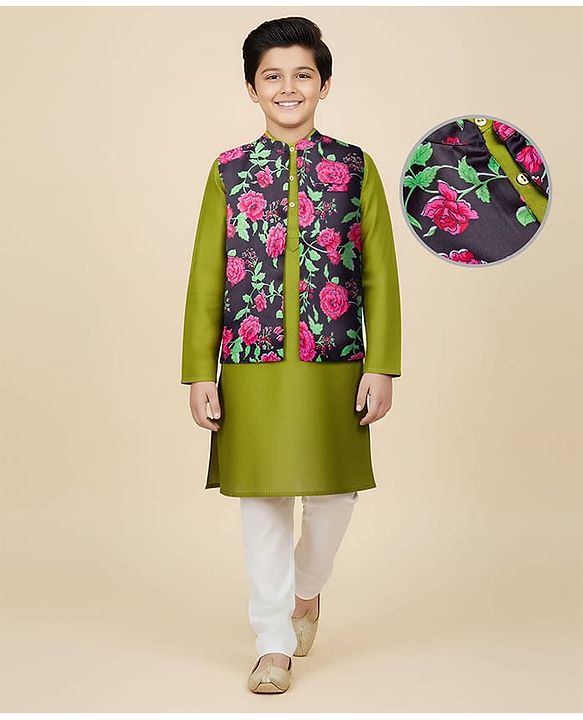 Pine Kids Woven Full Sleeves Floral Printed Kurta & Pyjama Set With Nehru Jacket - Lime Green