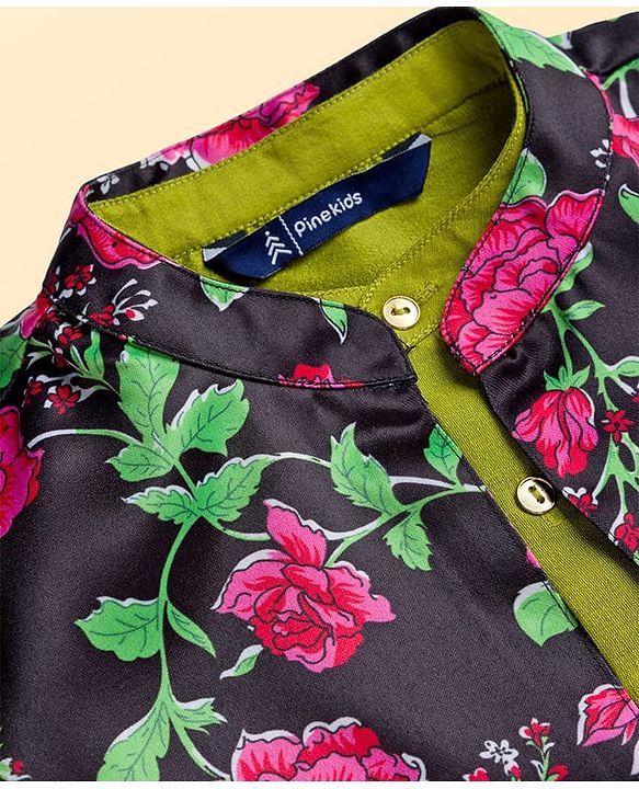Pine Kids Woven Full Sleeves Floral Printed Kurta & Pyjama Set With Nehru Jacket - Lime Green