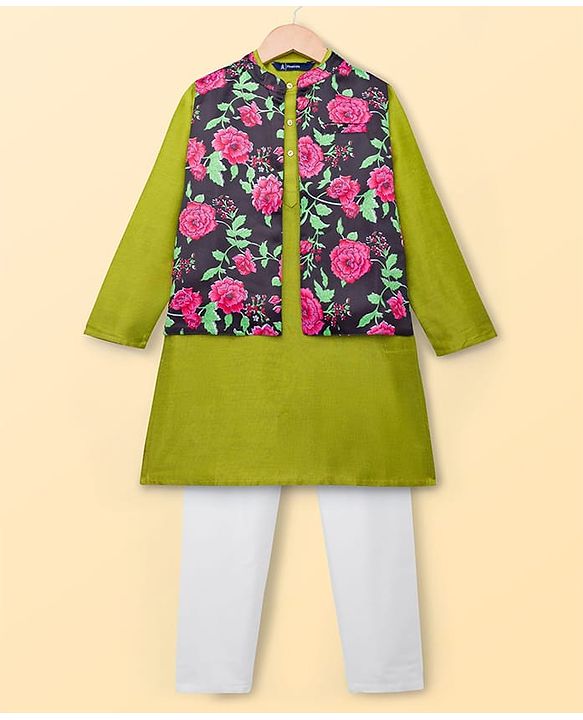 Pine Kids Woven Full Sleeves Floral Printed Kurta & Pyjama Set With Nehru Jacket - Lime Green