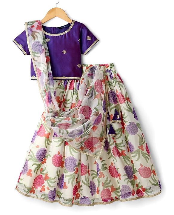 Pine Kids Woven Half Sleeves Floral Embroidered & Printed Lehenga Choli Set With Dupatta - Purple