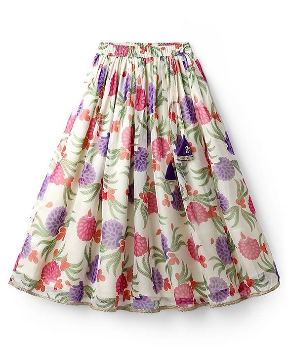 Pine Kids Woven Half Sleeves Floral Embroidered & Printed Lehenga Choli Set With Dupatta - Purple