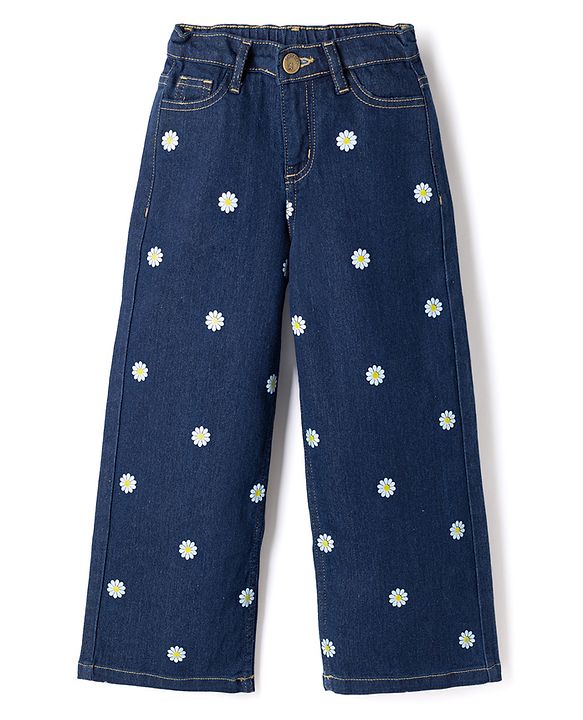 Pine Kids Denim Woven Full Length Jeans with Daisies Print - Blue