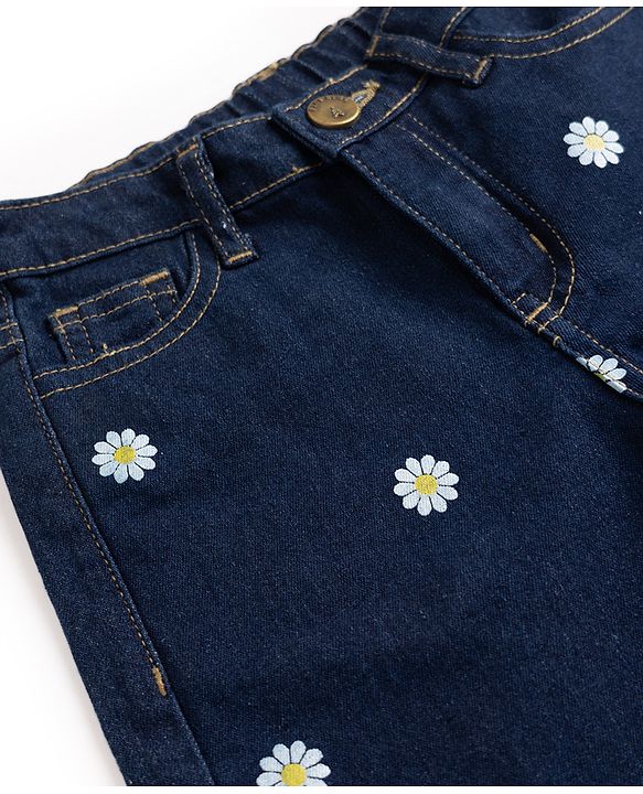 Pine Kids Denim Woven Full Length Jeans with Daisies Print - Blue