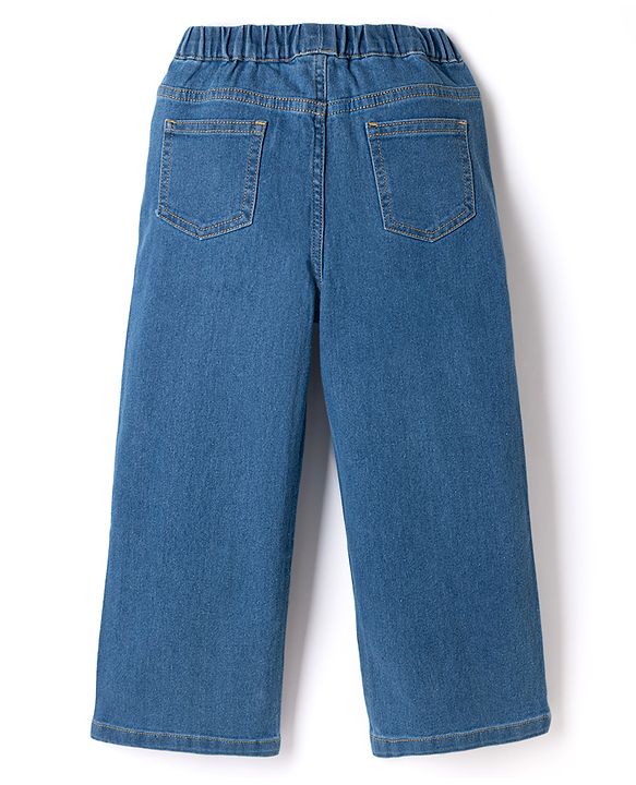 Pine Kids Denim Woven Full Length Jeans with Flower Embroidery in Navy Blue
