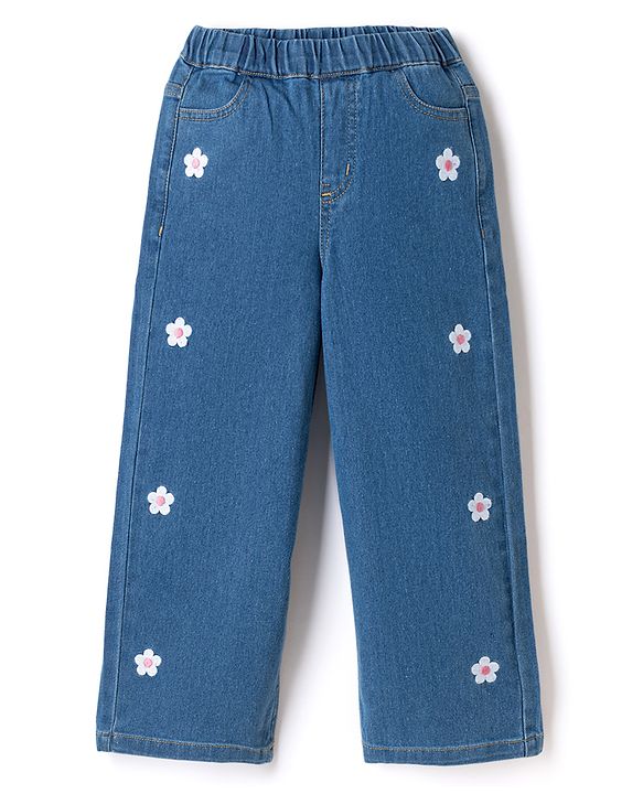 Pine Kids Denim Woven Full Length Jeans with Flower Embroidery in Navy Blue