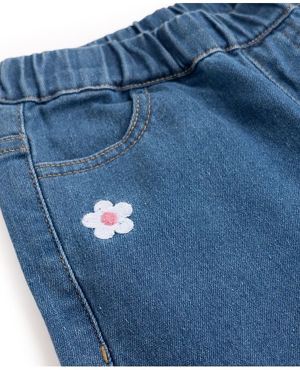 Pine Kids Denim Woven Full Length Jeans with Flower Embroidery in Navy Blue