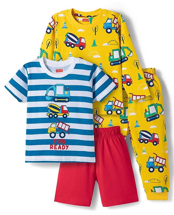 Babyhug 100% Cotton Knit Full Sleeves Co-Ords Pyjama & Shorts Night Suit with JCB Print Pack of 2 - Multicolour