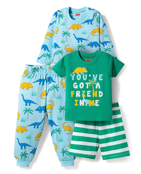 Babyhug 100% Cotton Knit Full Sleeves Co-ords T-Shirt Pyjama & Half Sleeves Short Night Suit Dino Print Pack of 2 - Multicolour