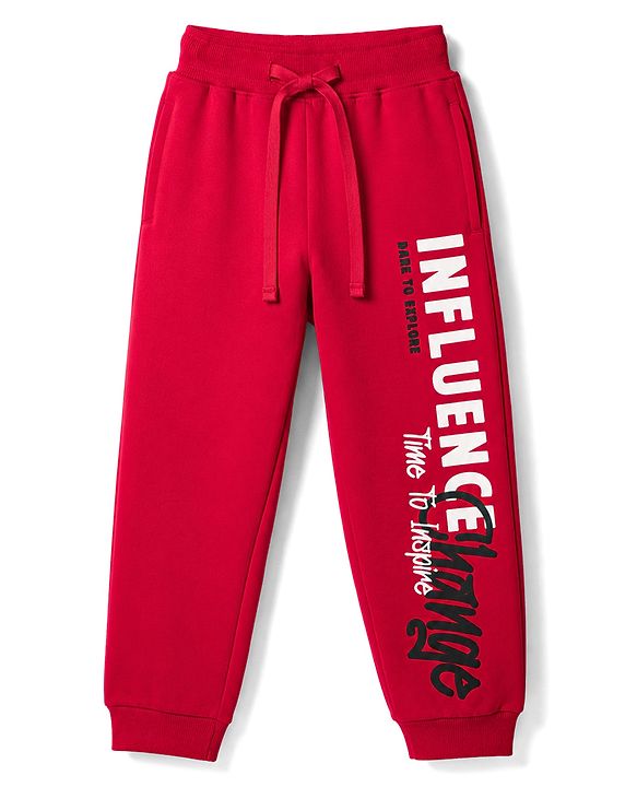 Pine Kids Knit Full Length Text Printed Lounge Pant - Red