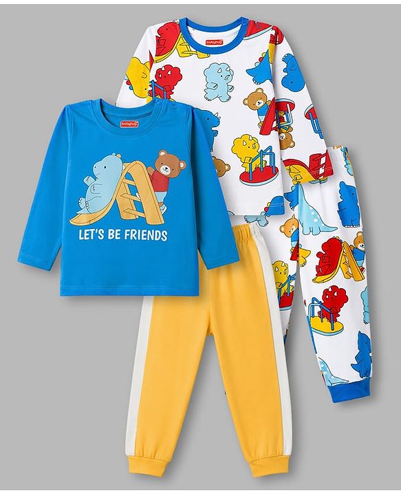 Babyhug Cotton Knit Full Sleeves  Animals Printed Co-Ords T-Shirt & Pyjama Night Suit Pack of 2 -Multicolour